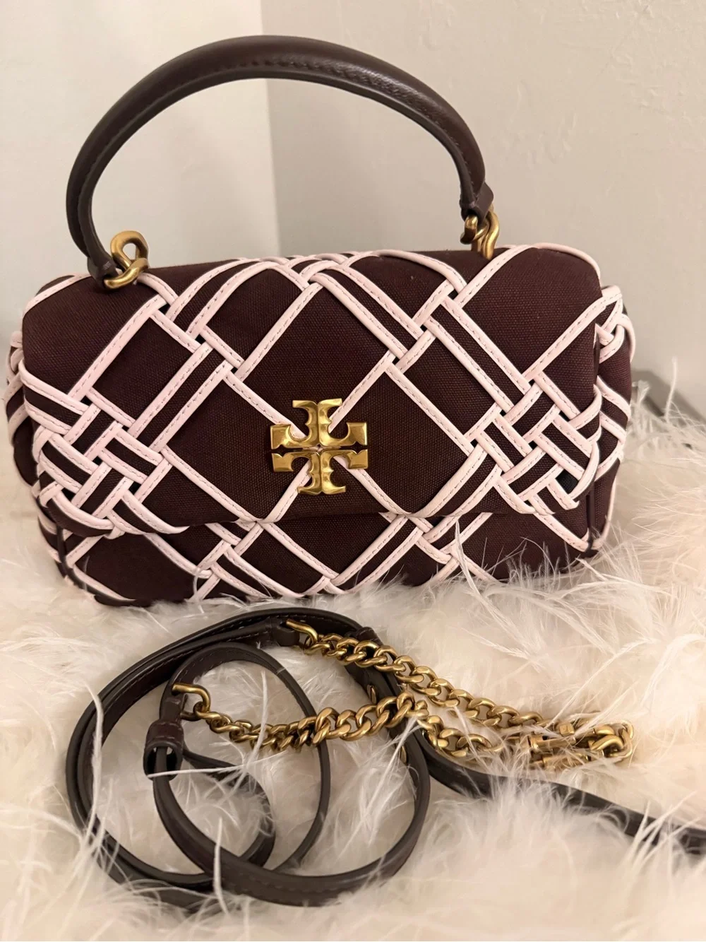 Tory Burch Small Kira top handle Woven Canvas Convertible Shoulder Bag
